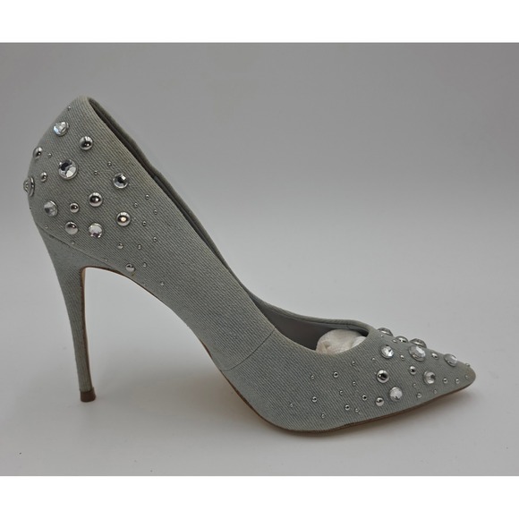 Aldo Light Wash Denim Rhinestone Studded Pointed Toe Stiletto Pumps Size 8.5 - Picture 3 of 9